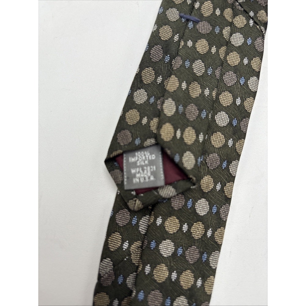 Milano Uomo 100% Imported Silk Tie Made In USA Green W/Brown Dots Classic Length - Picture 3 of 8